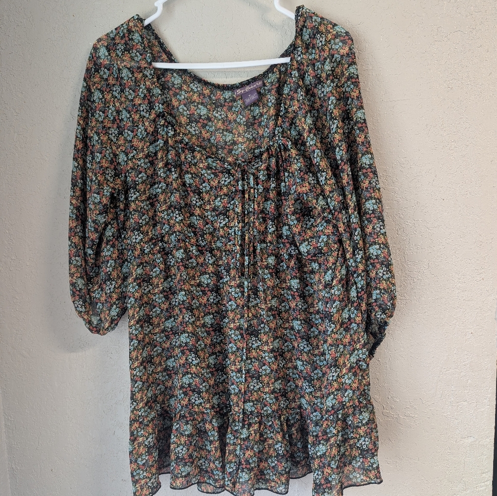Floral Ruffle Hem Blouse M Flowy Sheer Peasant Babydoll Dainty Whimsy Fairy Boho